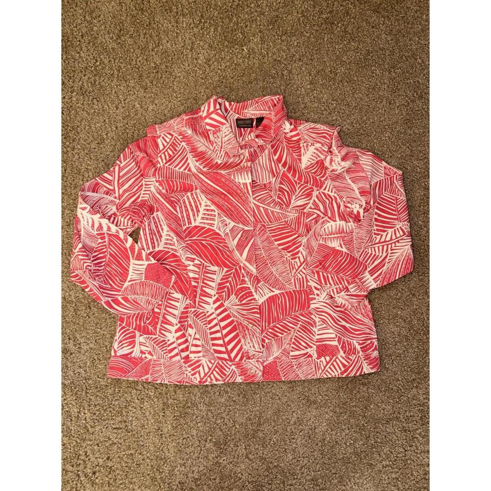 Chico's Additions Pink White Palm Leaf Print Denim Jacket Snap Front Size 3 (XL)